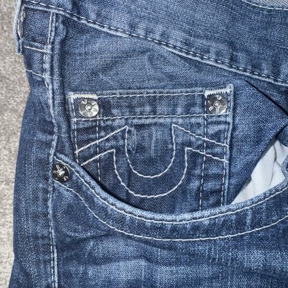 True Religion Mens 40 Skinny Fit Jeans Blue Distressed Denim Designer USA - Picture 6 of 13